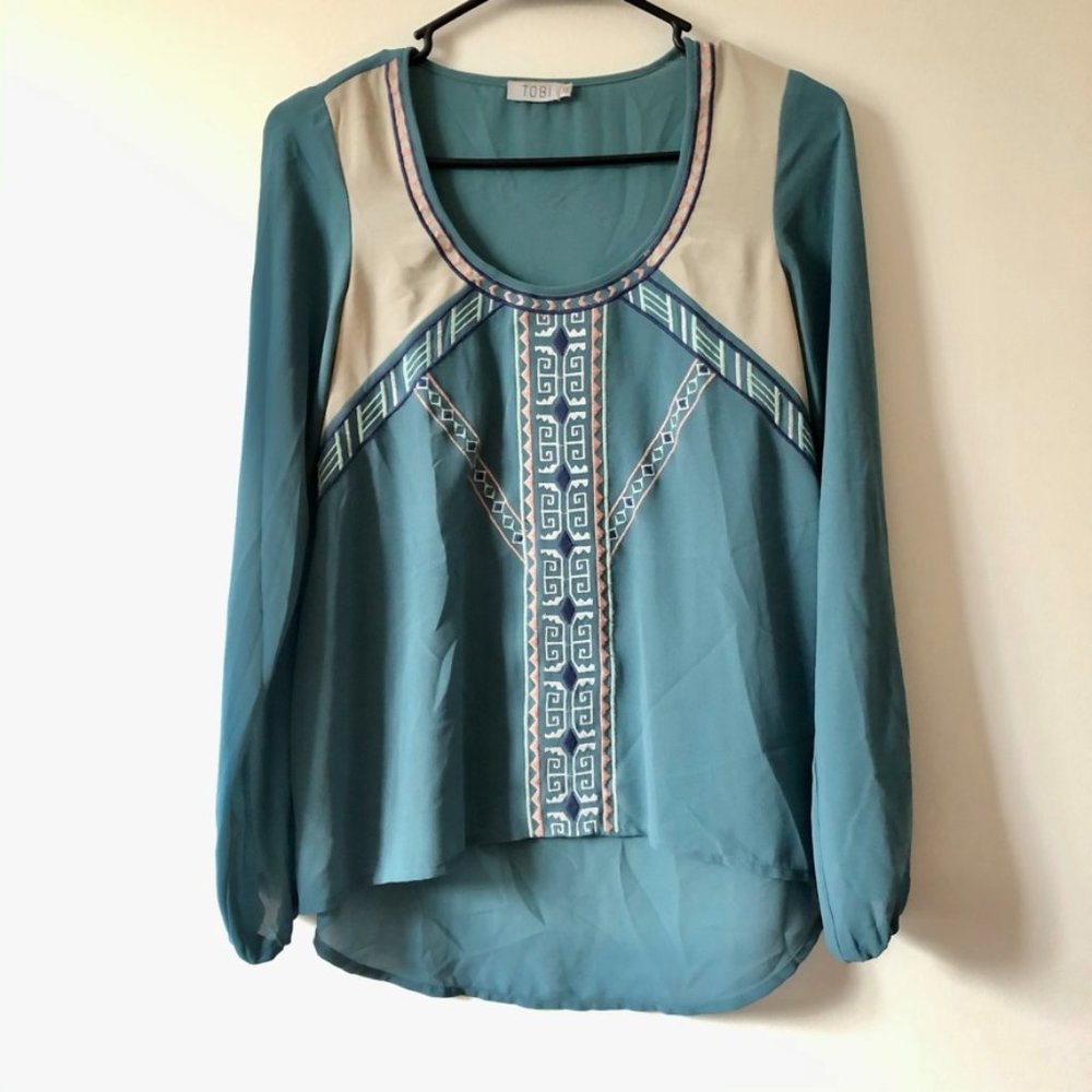 Tobi Blue Tribal Blouse Flounce Sleeve